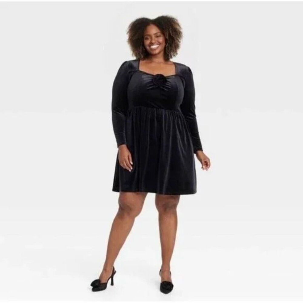 NWT Ava & Viv Women's Long Sleeve Rosette Midi A-Line Velvet Dress 3X